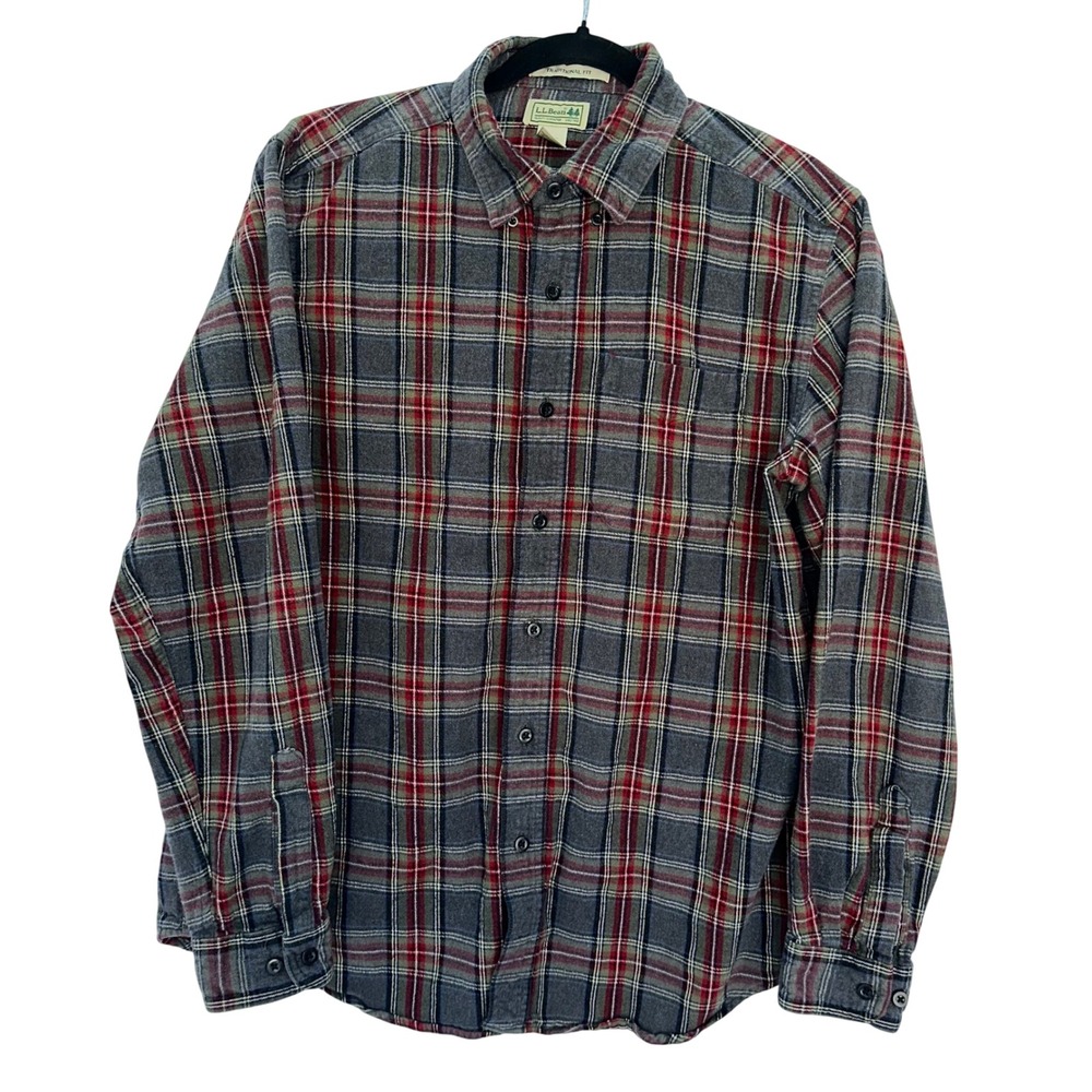 L.L. Bean Mens‎ Flannel Shirt Gray Red Plaid Button Down Traditional Fit Cozy